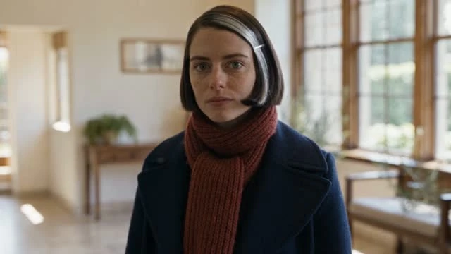 First fictional drama scene: Mara at a wooden reception counter