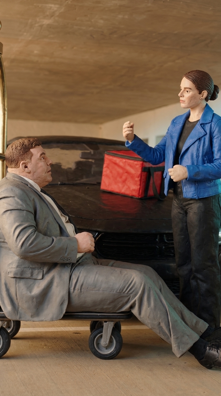 Actual clay-style reference: blue-jacket courier, red bag, seated adult and trolley